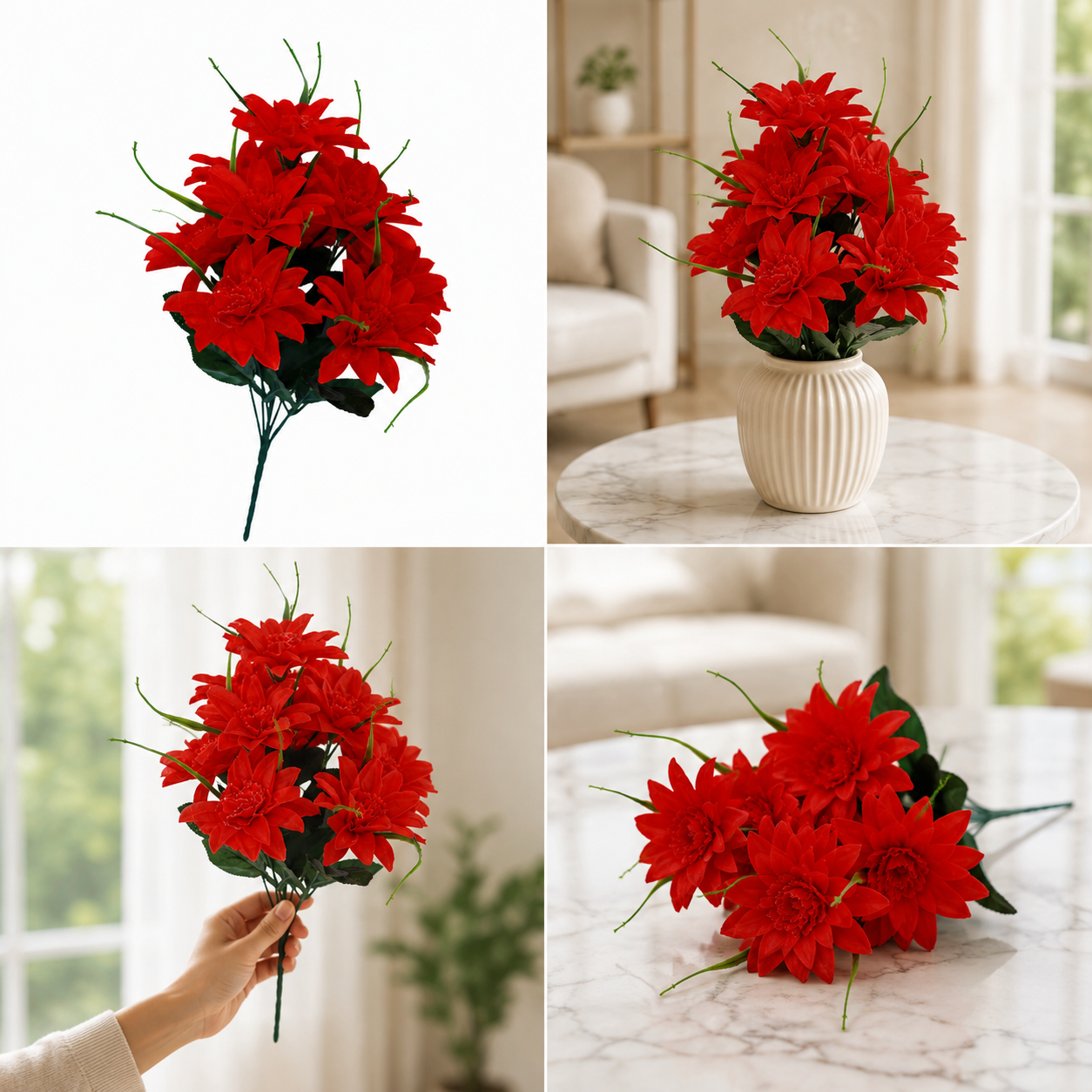 Artificial Dahlia Flower Bunches with Green Leaves | Decorative Floral Stems for Vase, Home, Living Room, Bedroom, Office, Hotel, Wedding & Festival Decoration — view 7